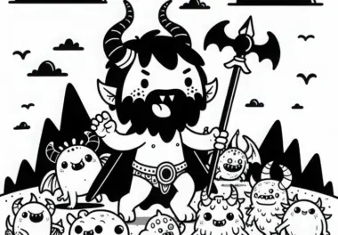 Ein Dämon führt eine Horde kleinerer Kreaturen durch eine dunkle Landschaft – Malvorlage kostenlos