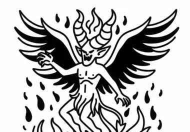 Daemon mit Flügeln und Hörnern erhebt sich aus der Flammenhölle – Ausmalbild kostenlos
