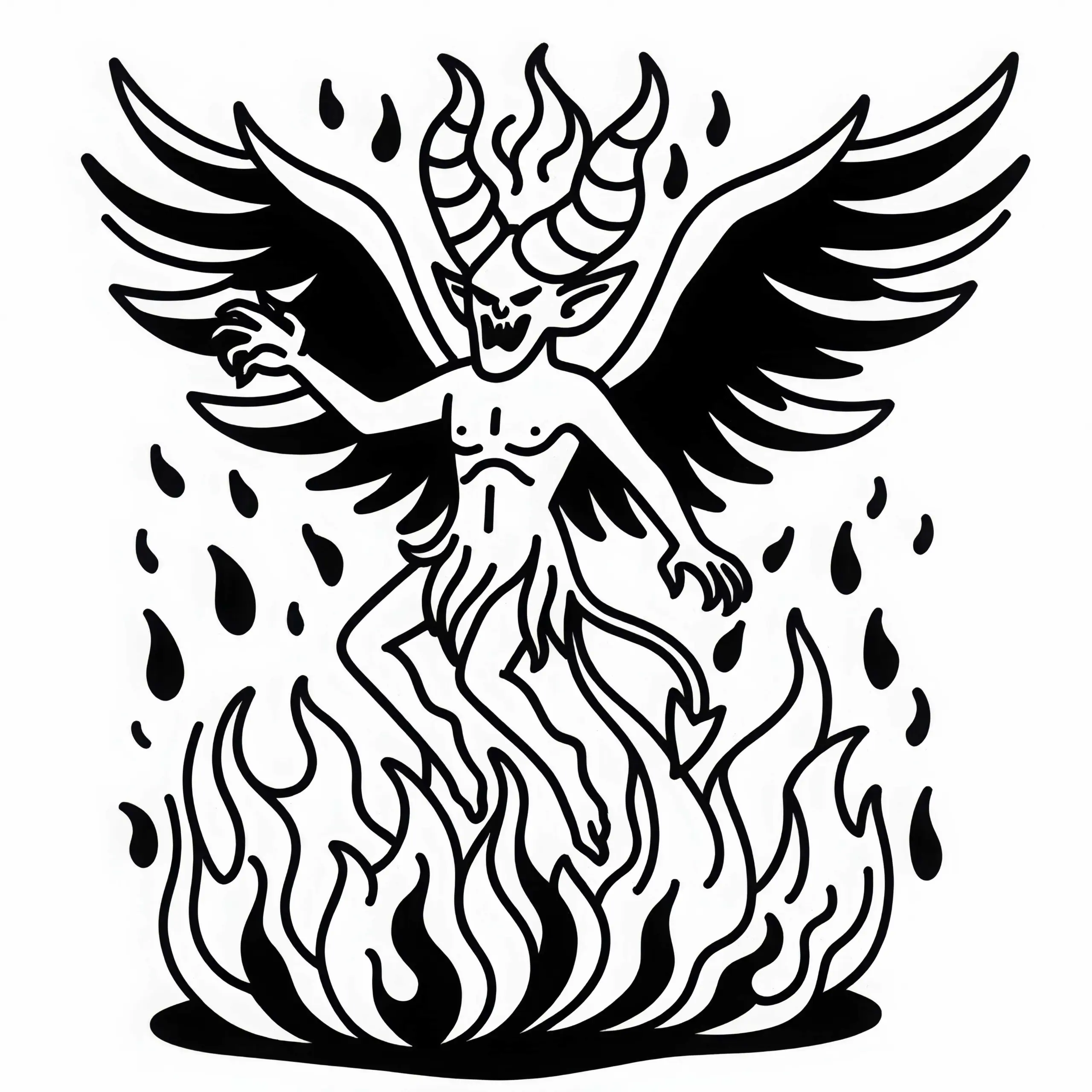 Daemon mit Flügeln und Hörnern erhebt sich aus der Flammenhölle – Ausmalbild kostenlos