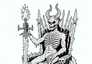 Daemon sitzt auf dem Thron und hält ein Flammenschwert – Malvorlage kostenlos