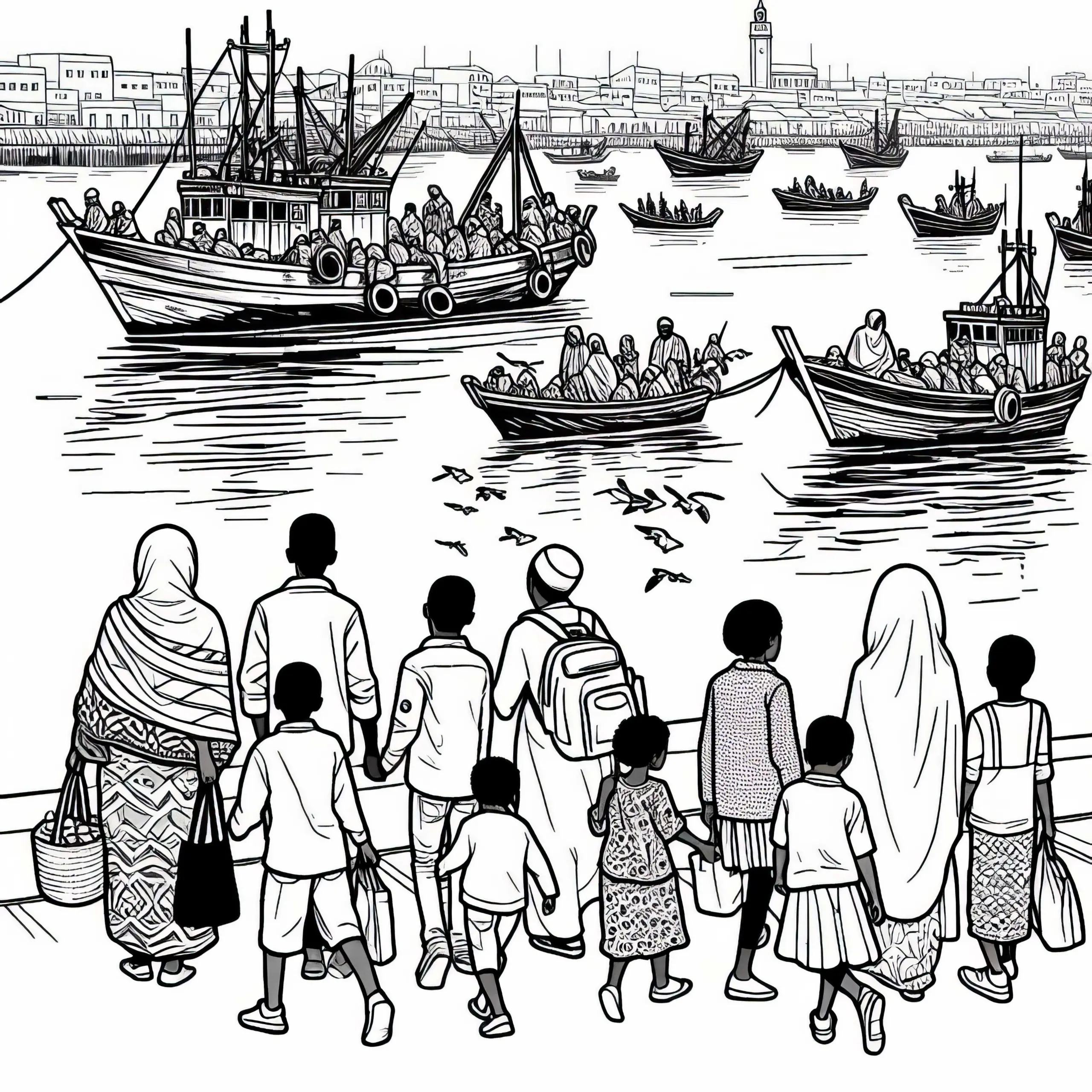 Menschen gehen am Hafen spazieren und sehen Fischerboote – Malvorlage kostenlos (Ausmalbild)