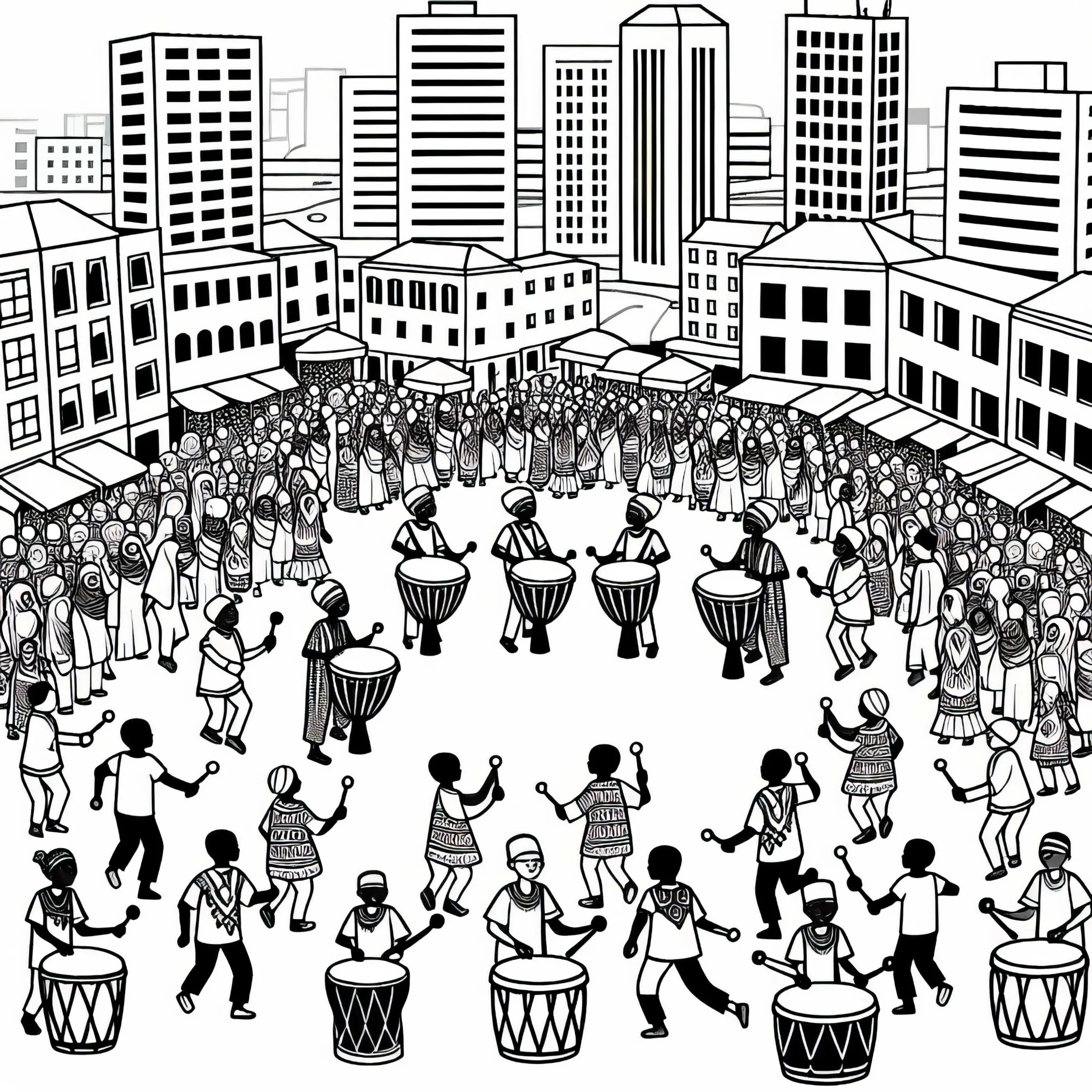 Ausmalbild von einem Platz in Dakar mit Musik und Trommeln