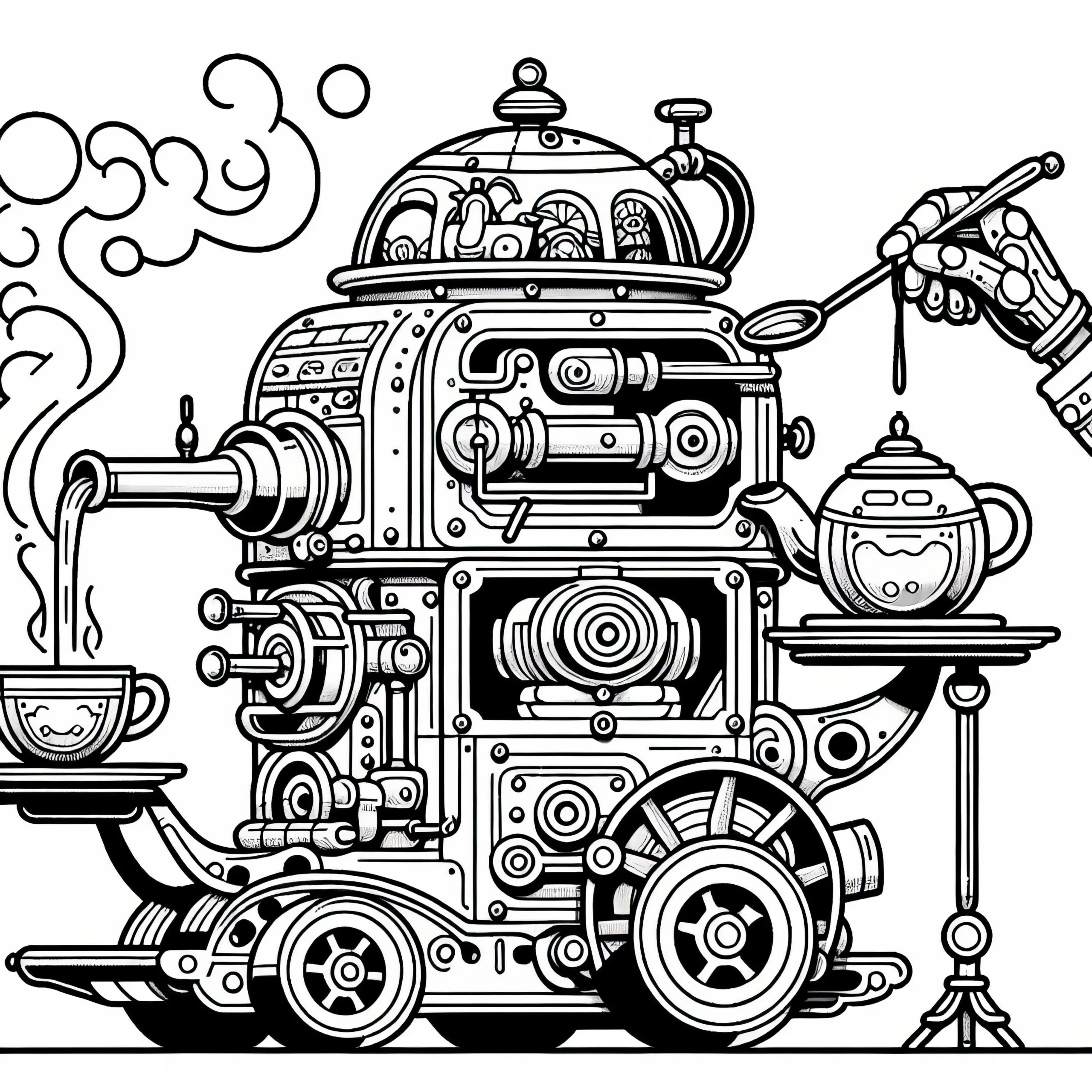 Dampfende Teemaschine serviert Tee auf Tablett – Malvorlage Steampunk gratis (Ausmalbild)