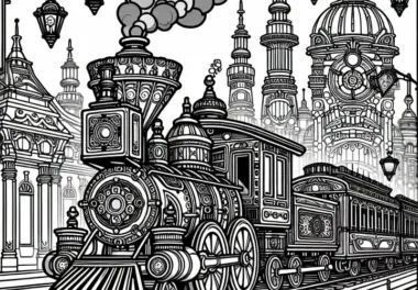 Dampflokomotive mit verschönkelt Design fährt durch Stadt – Malvorlage Steampunk kostenlos