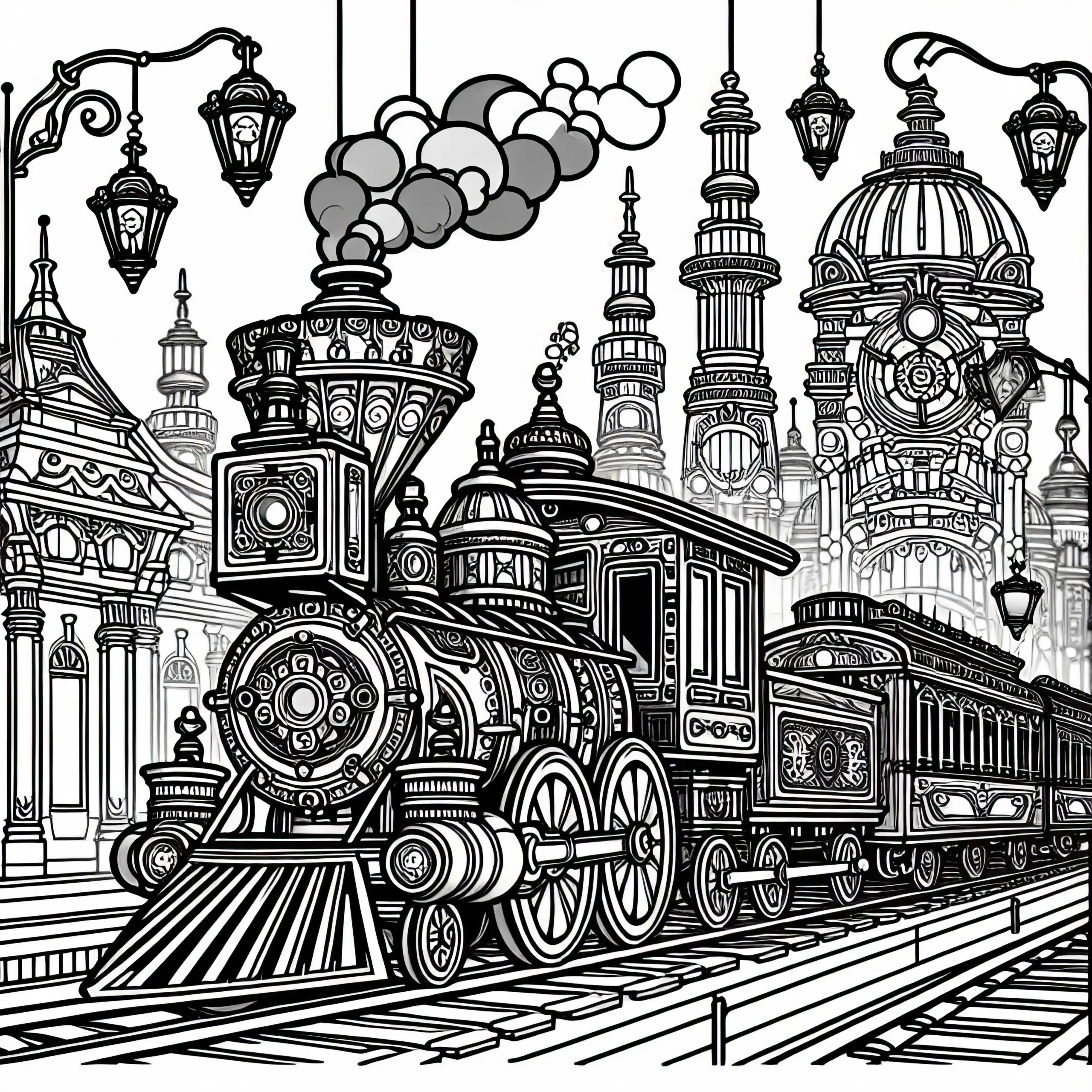 Dampflokomotive mit verschönkelt Design fährt durch Stadt – Malvorlage Steampunk kostenlos (Ausmalbild)