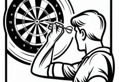 Darts-Spieler wirft konzentriert Dartpfeil auf Zielscheibe – Malvorlage gratis
