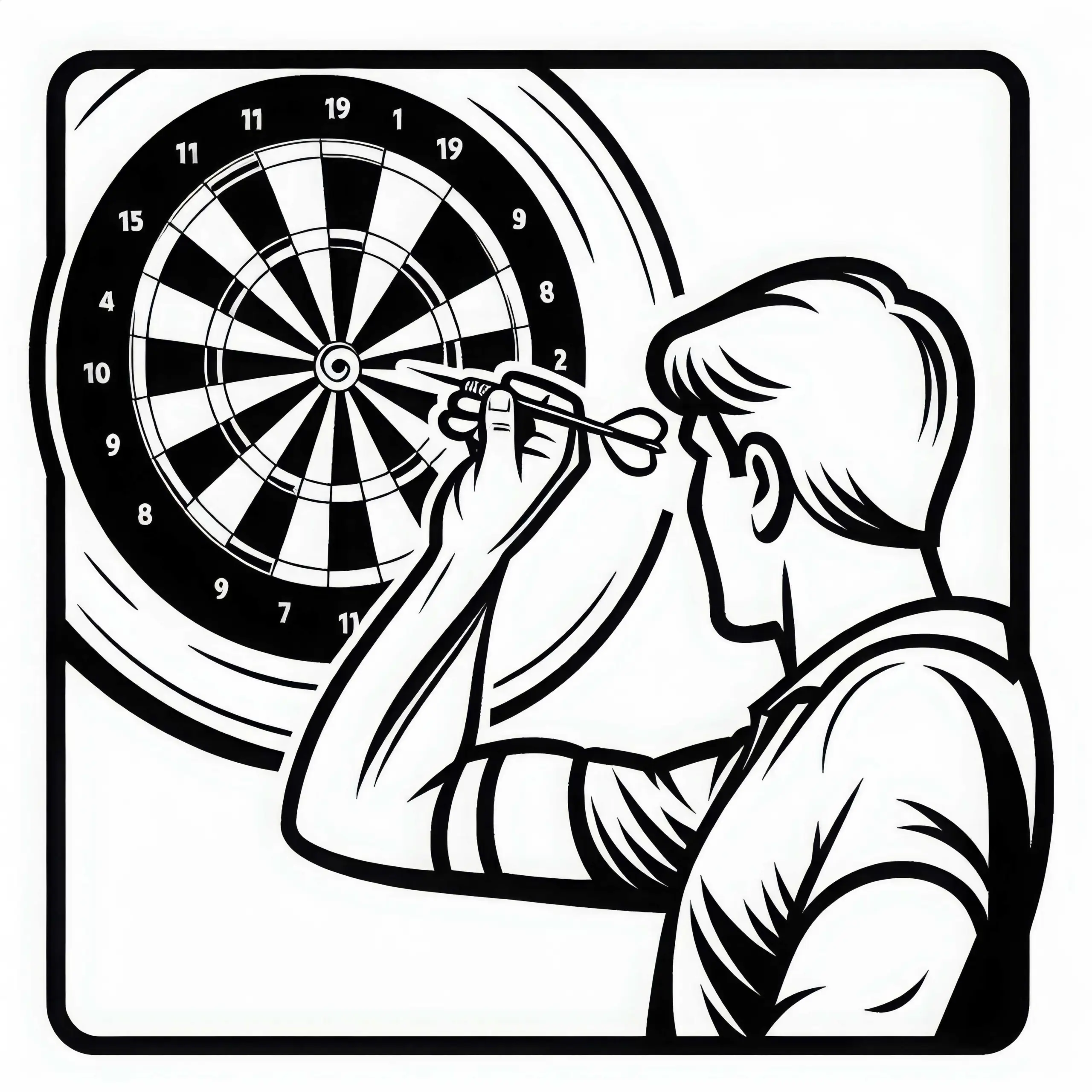 Darts-Spieler wirft konzentriert Dartpfeil auf Zielscheibe – Malvorlage gratis (Ausmalbild)