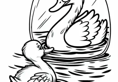 Das hässliche Entlein entdeckt sein Spiegelbild im Wasser und erkennt sich als Schwan – Ausmalbild
