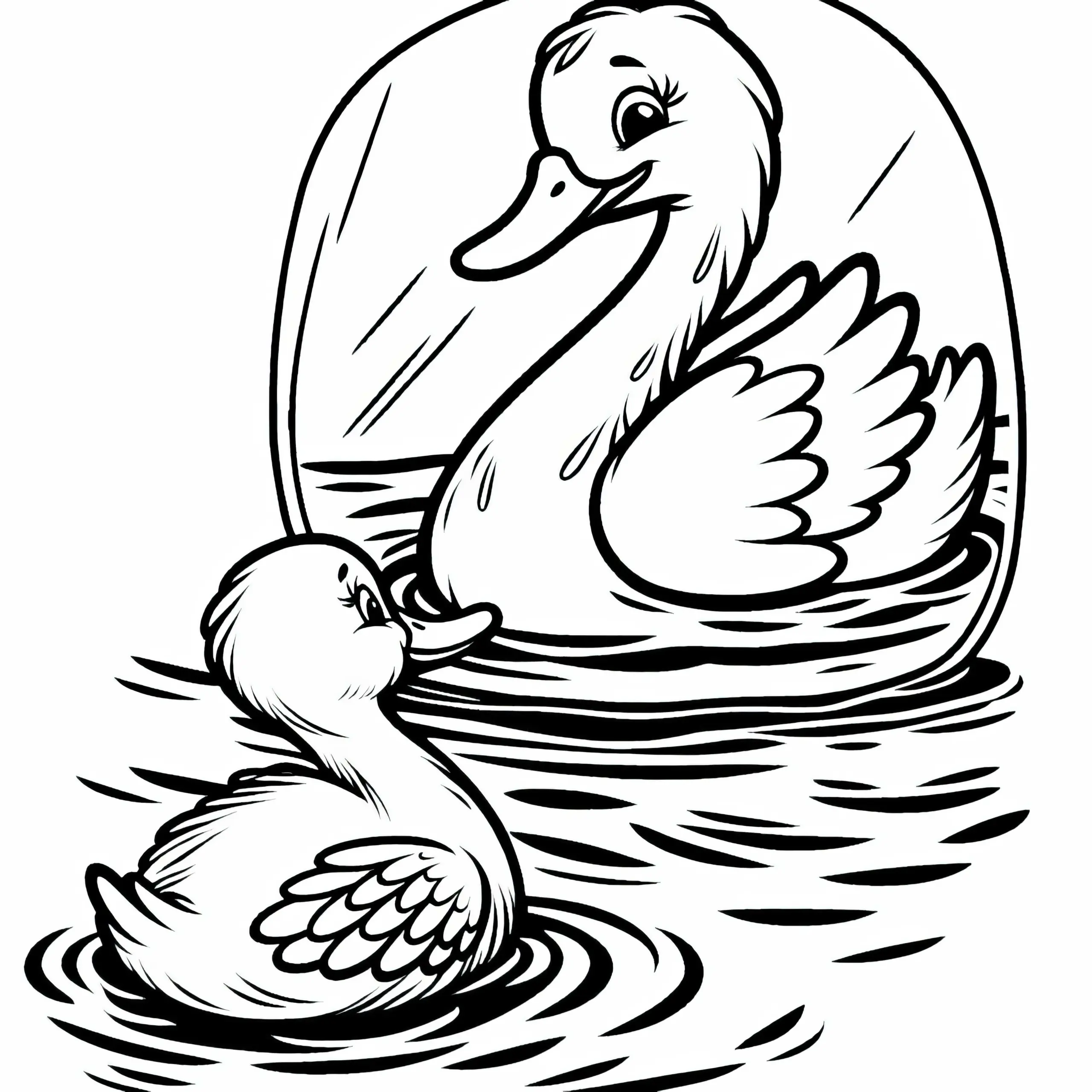Das hässliche Entlein entdeckt sein Spiegelbild im Wasser und erkennt sich als Schwan – Ausmalbild