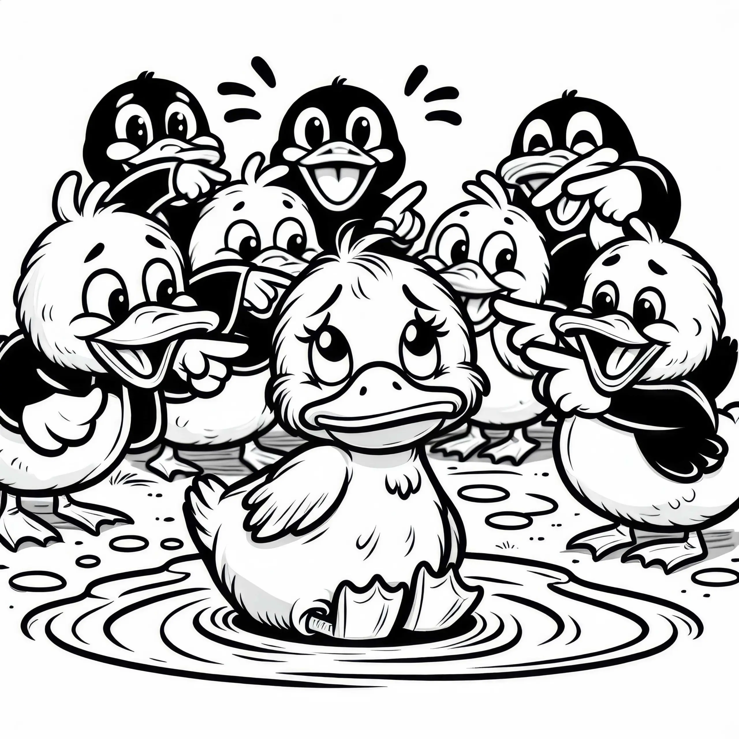 Das hässliche Entlein wird von anderen Enten gehätselt – Ausmalbild Märchen