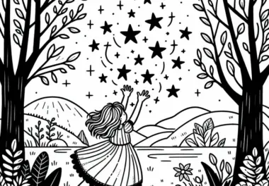 Das Mädchen fängt die Sterne in ihrem Kleid – Ausmalbild Sterntaler kostenlos