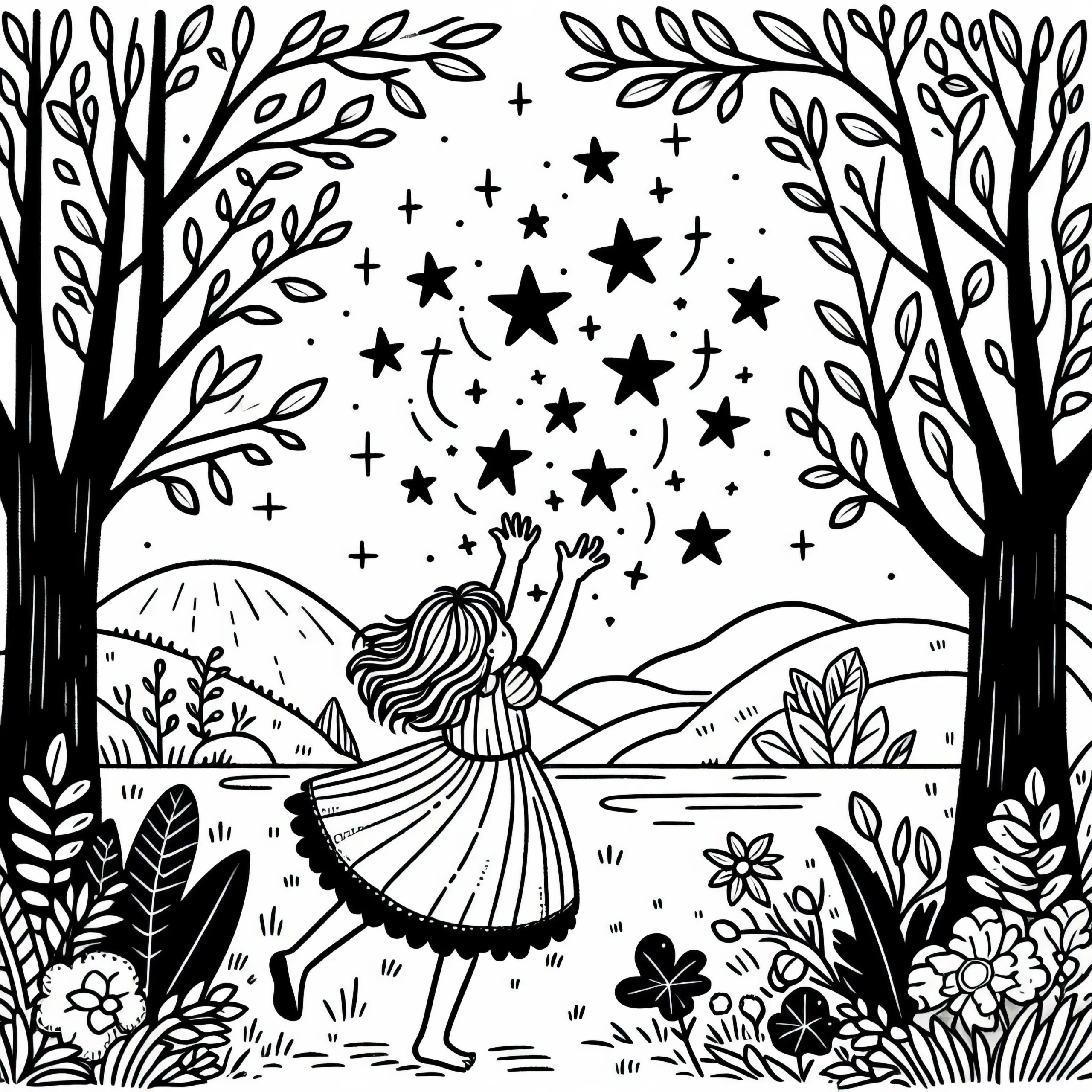 Das Mädchen fängt die Sterne in ihrem Kleid – Ausmalbild Sterntaler kostenlos