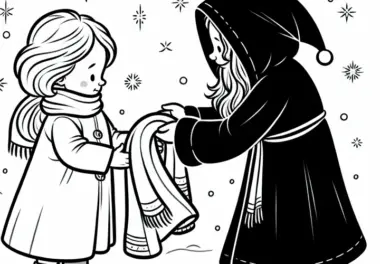 Das Mädchen gibt seine Jacke an ein Kind, das zittert – Ausmalbild Sterntaler zum kostenlosen Download