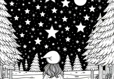 Das Mädchen steht allein im Wald unter dem Sternenhimmel – Ausmalbild Sterntaler kostenlos