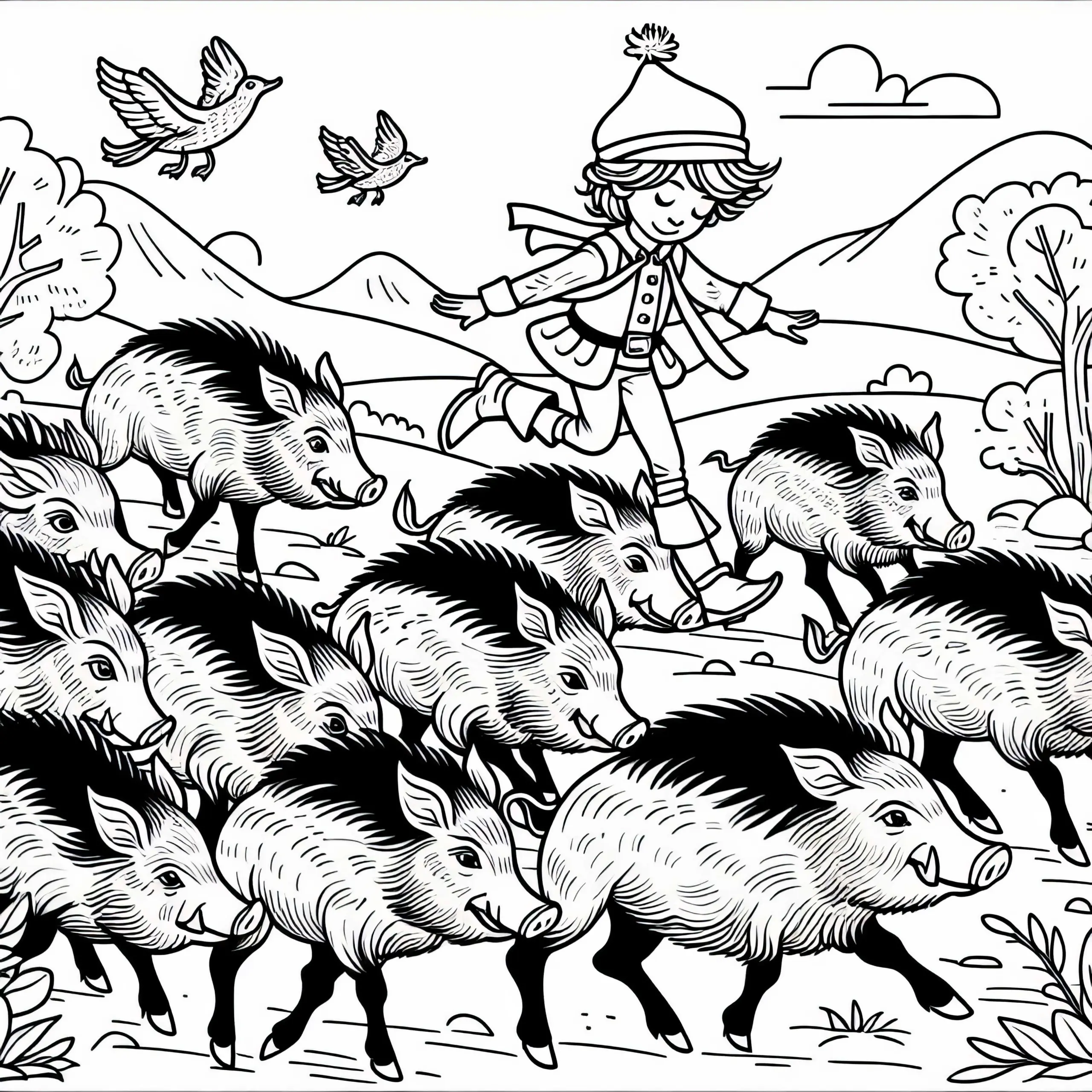 Das Schneiderlein überlistet eine Wildschweinhorde – Ausmalbild Märchen gratis