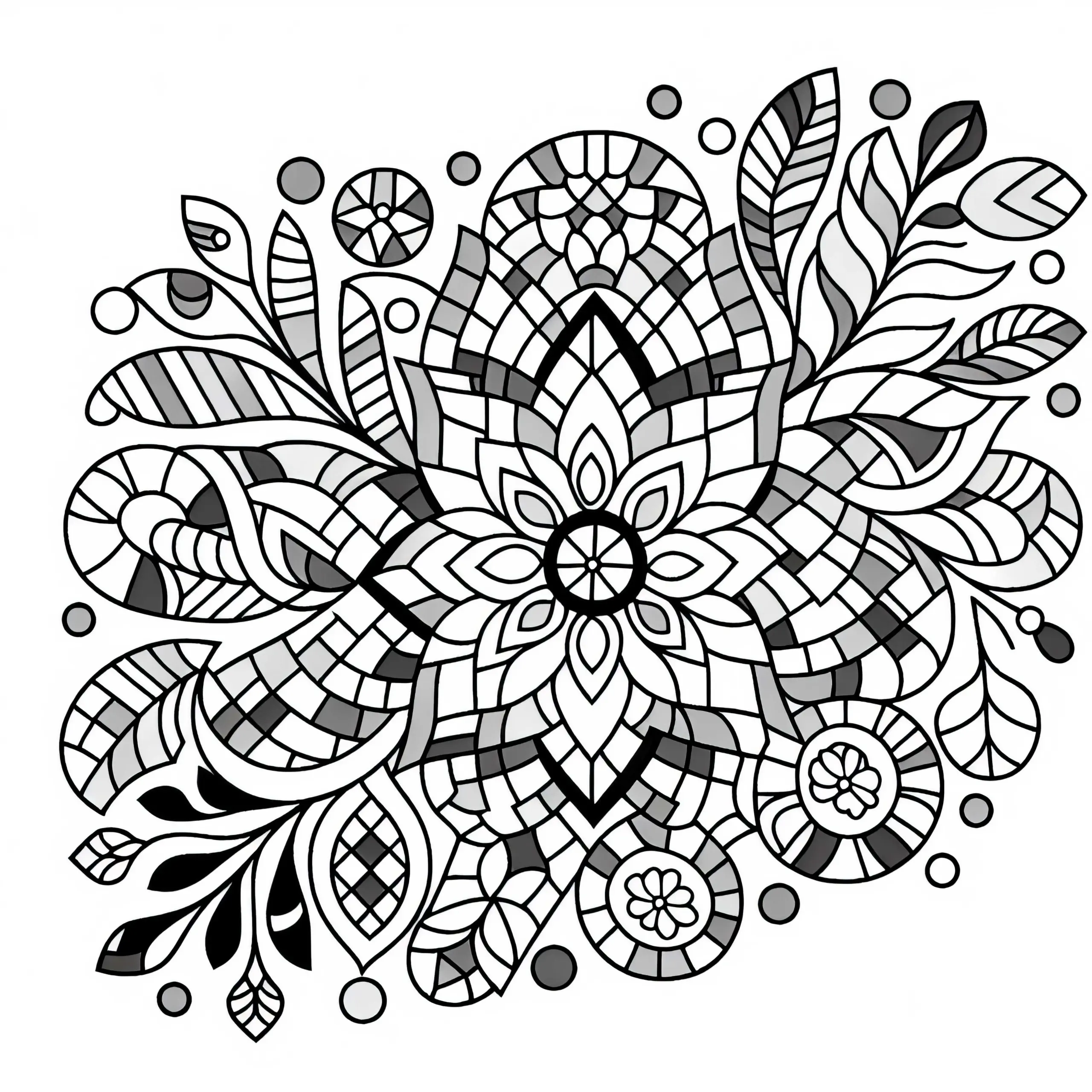 Dekoratives Blumenmuster aus geometrischen Kachelelementen: Kostenloses Ausmalbild