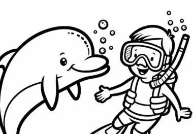 Delfin schwimmt spielerisch neben Schnorchler – Ausmalbild kostenlos