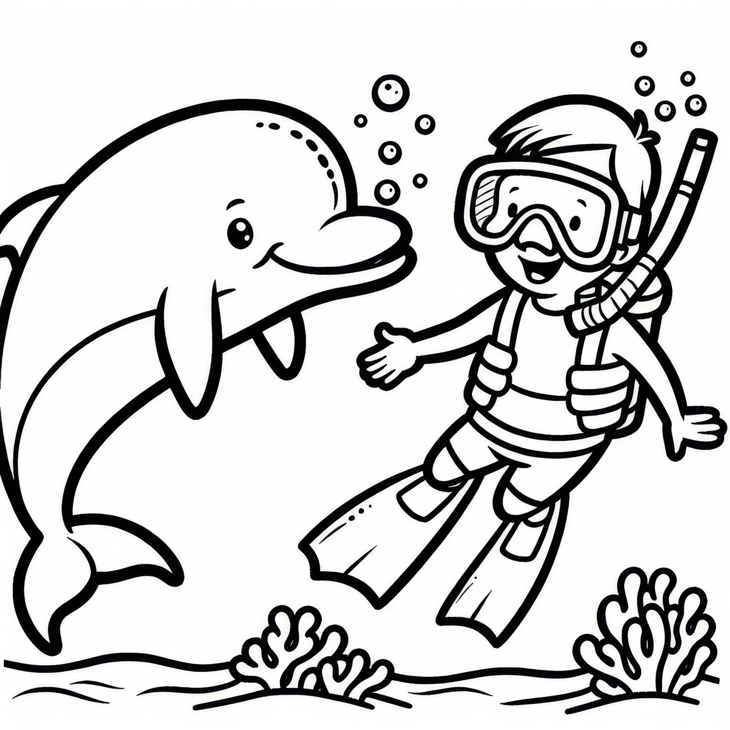 Delfin schwimmt spielerisch neben Schnorchler – Ausmalbild kostenlos