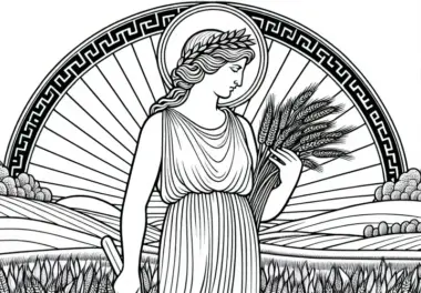 Demeter mit Ähren im Kornfeld – Ausmalbild zur griechischen Mythologie kostenlos