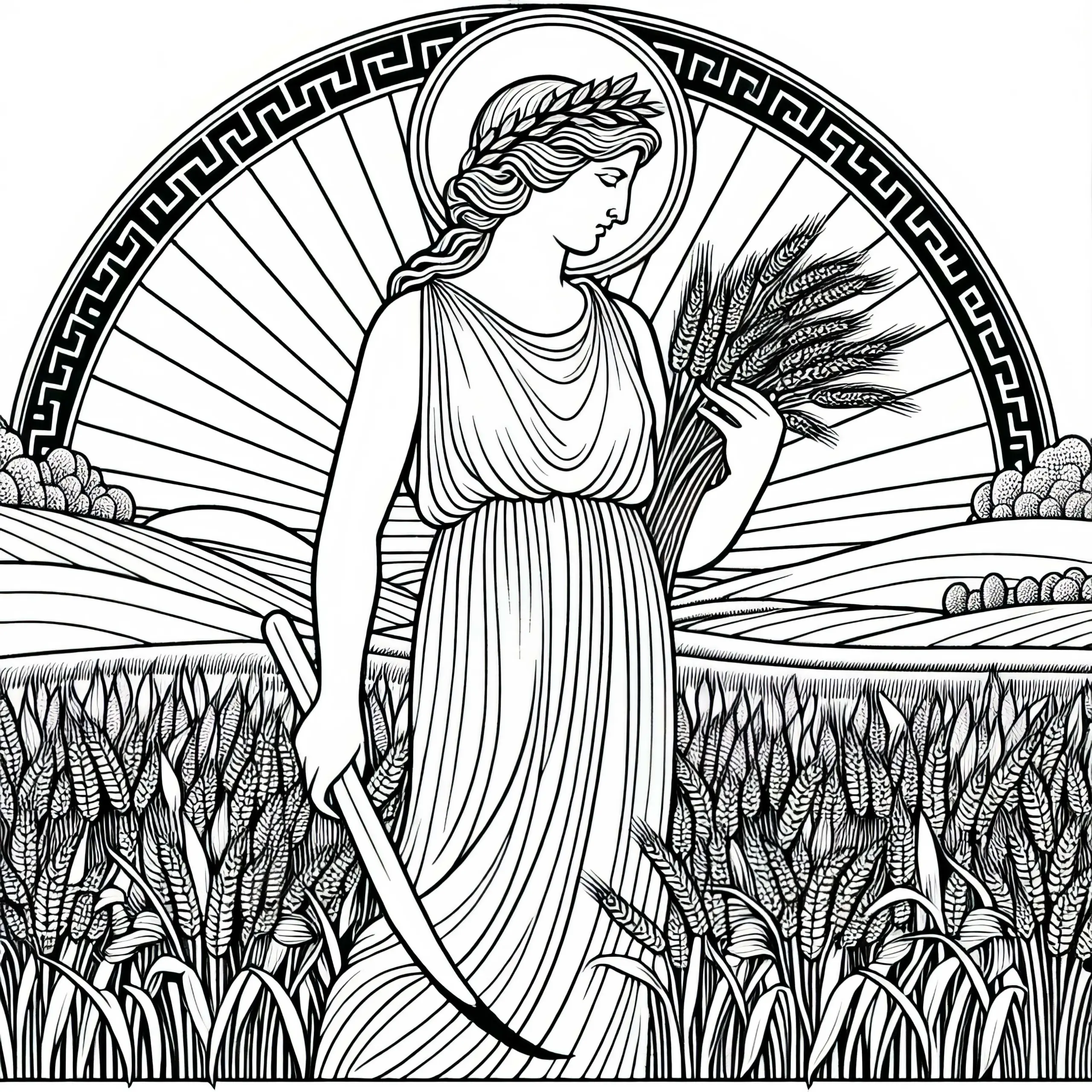 Demeter mit Ähren im Kornfeld – Ausmalbild zur griechischen Mythologie kostenlos