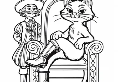 Der gestiefelte Kater sitzt stolz auf seinem Thron – Malvorlage Märchen kostenlos