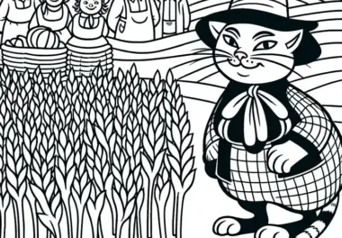 Der gestiefelte Kater trickst Bauern aus – Ausmalbild für Märchen kostenlos