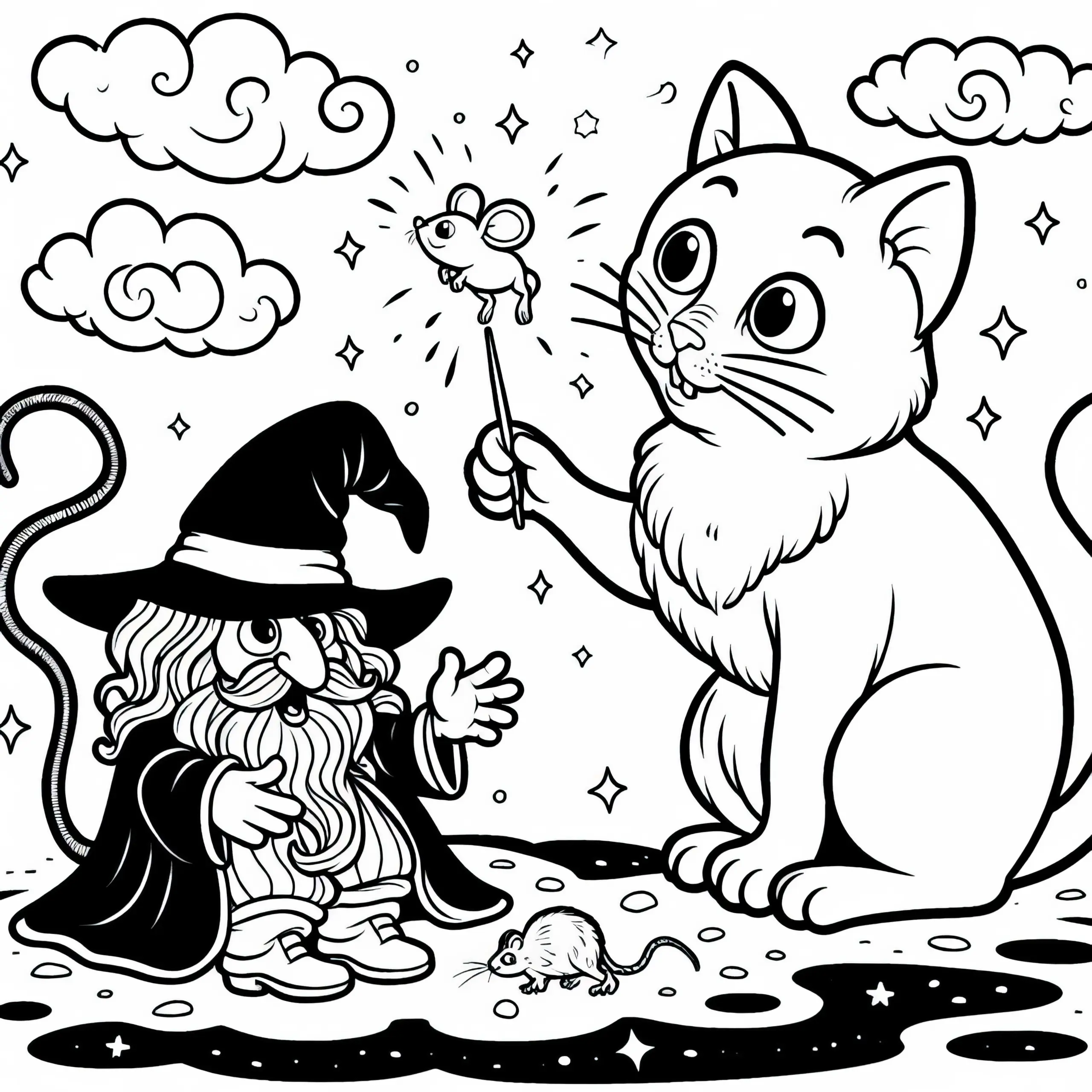 Der gestiefelte Kater überlistet den Zauberer – Ausmalbild für Märchenliebhaber
