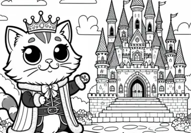 Der gestiefelte Kater zeigt dem König das Schloss, das seinem Herrn gehört – Malvorlage Märchen