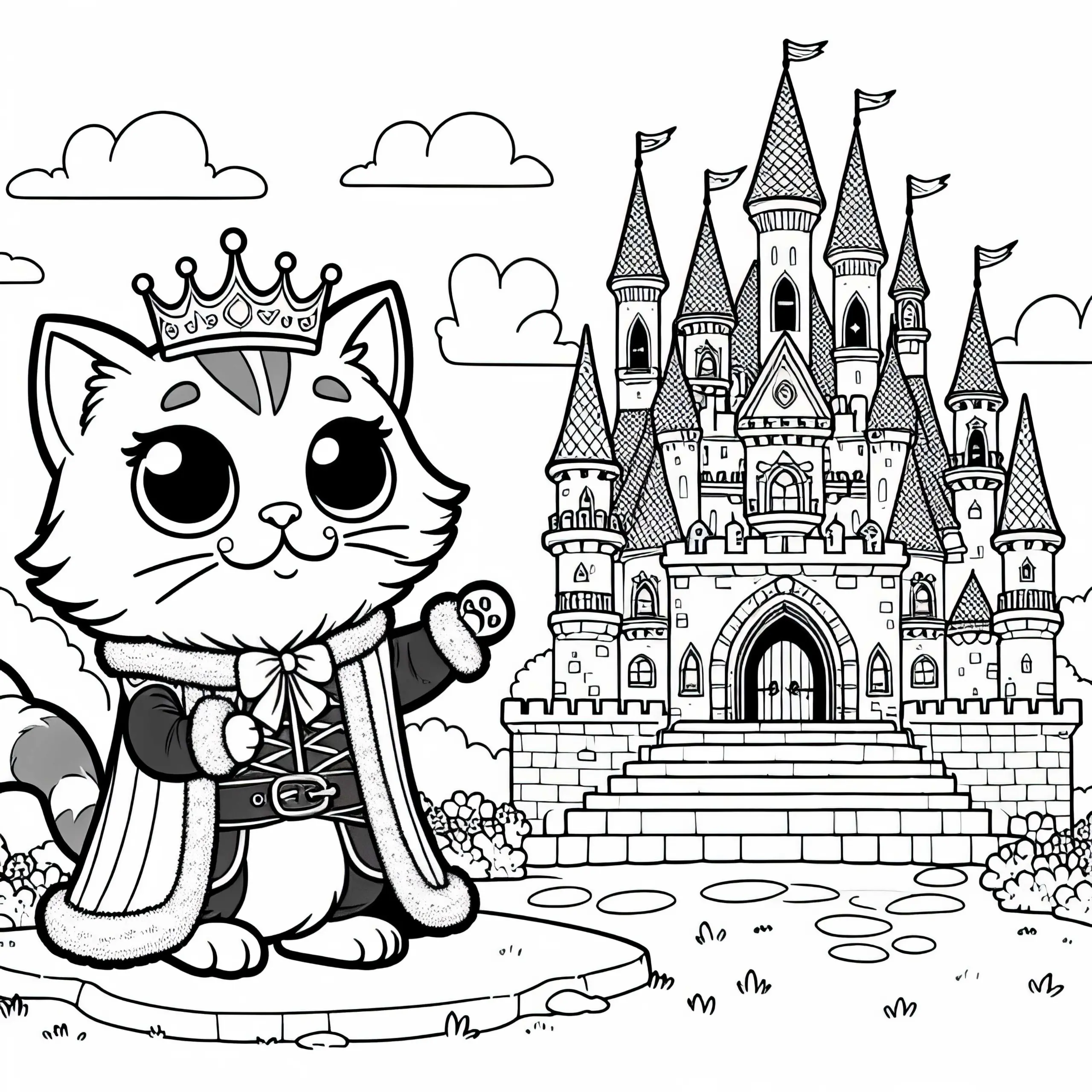 Der gestiefelte Kater zeigt dem König das Schloss, das seinem Herrn gehört – Malvorlage Märchen (Ausmalbild)