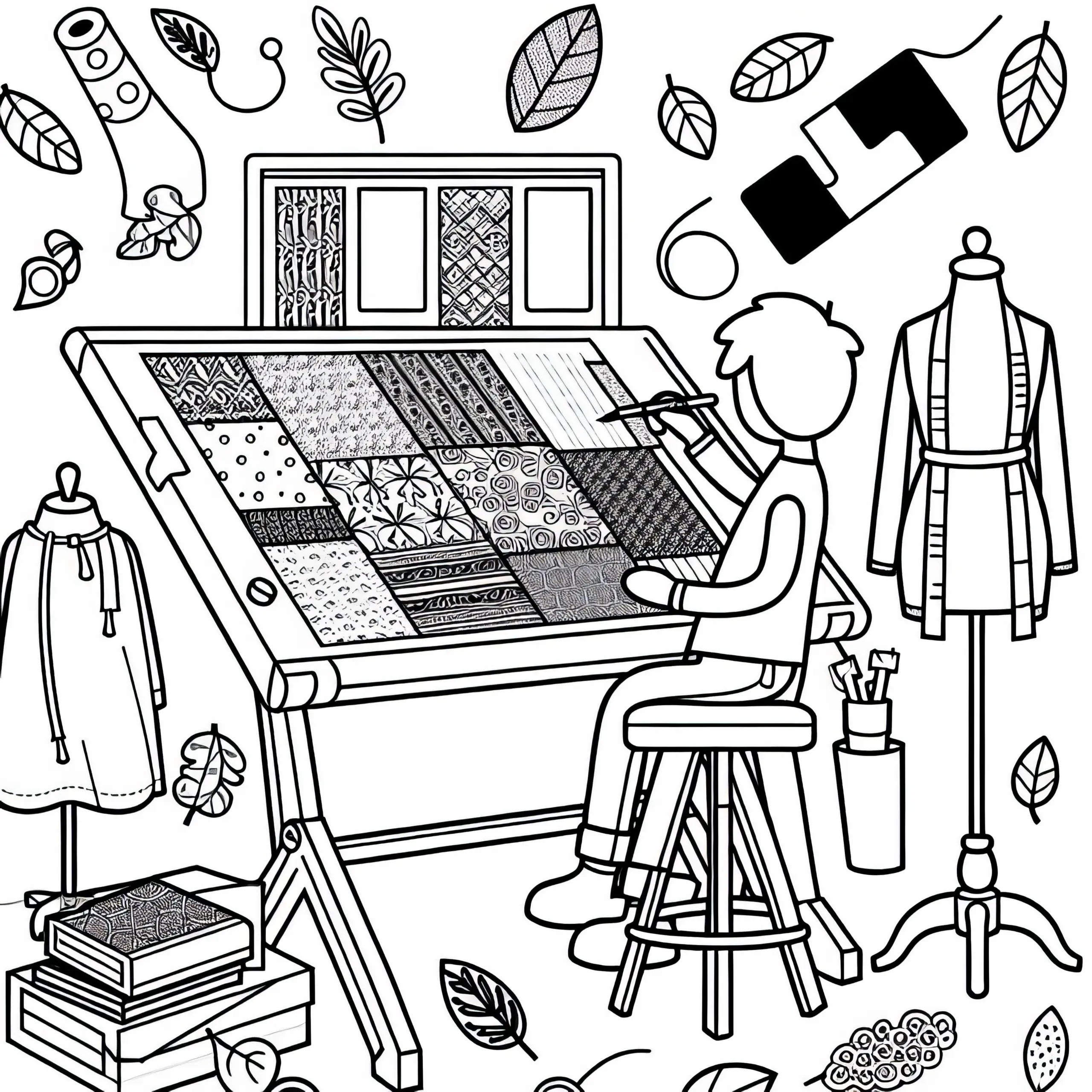 Designer arbeitet mit Stoffmustern an Prototyp – Malvorlage kostenlos (Ausmalbild)