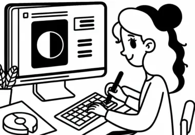 Designerin gestaltet ein Logo am Computer – Ausmalbild gratis