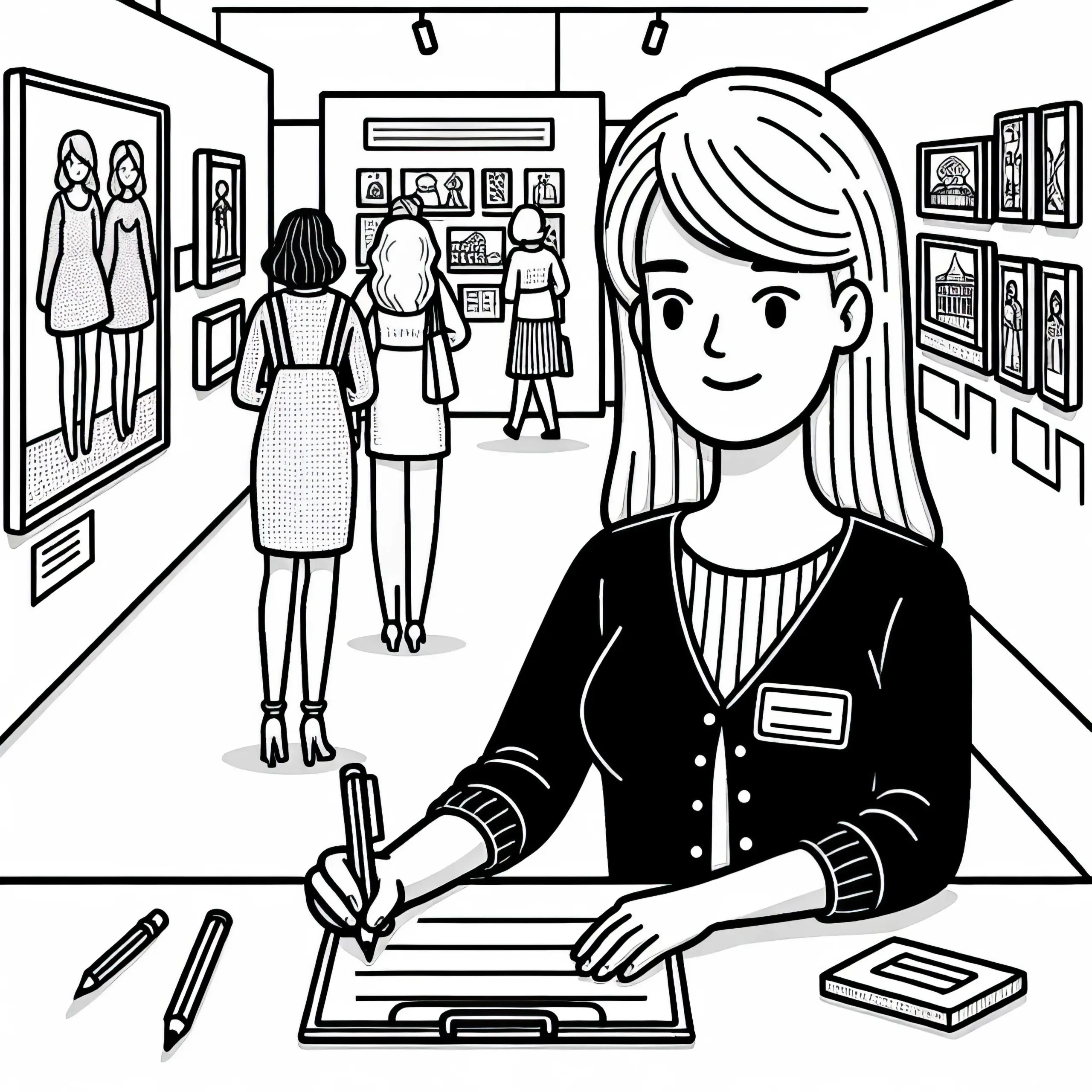 Designerin macht Notizen bei der Messe – Ausmalbild kostenlos