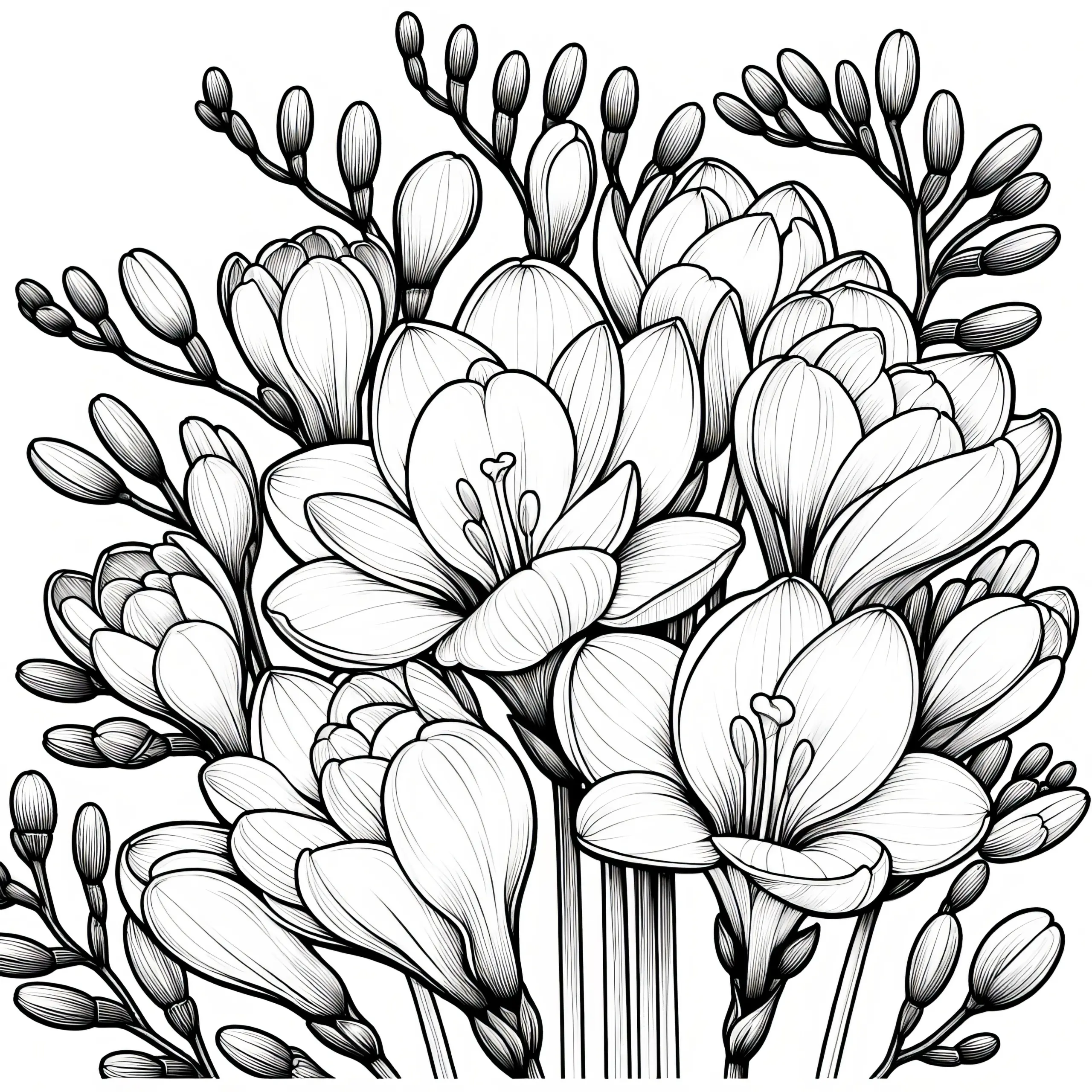 Detailreiche Freesien Blüten zum Ausmalen (Gratis) (Ausmalbild)