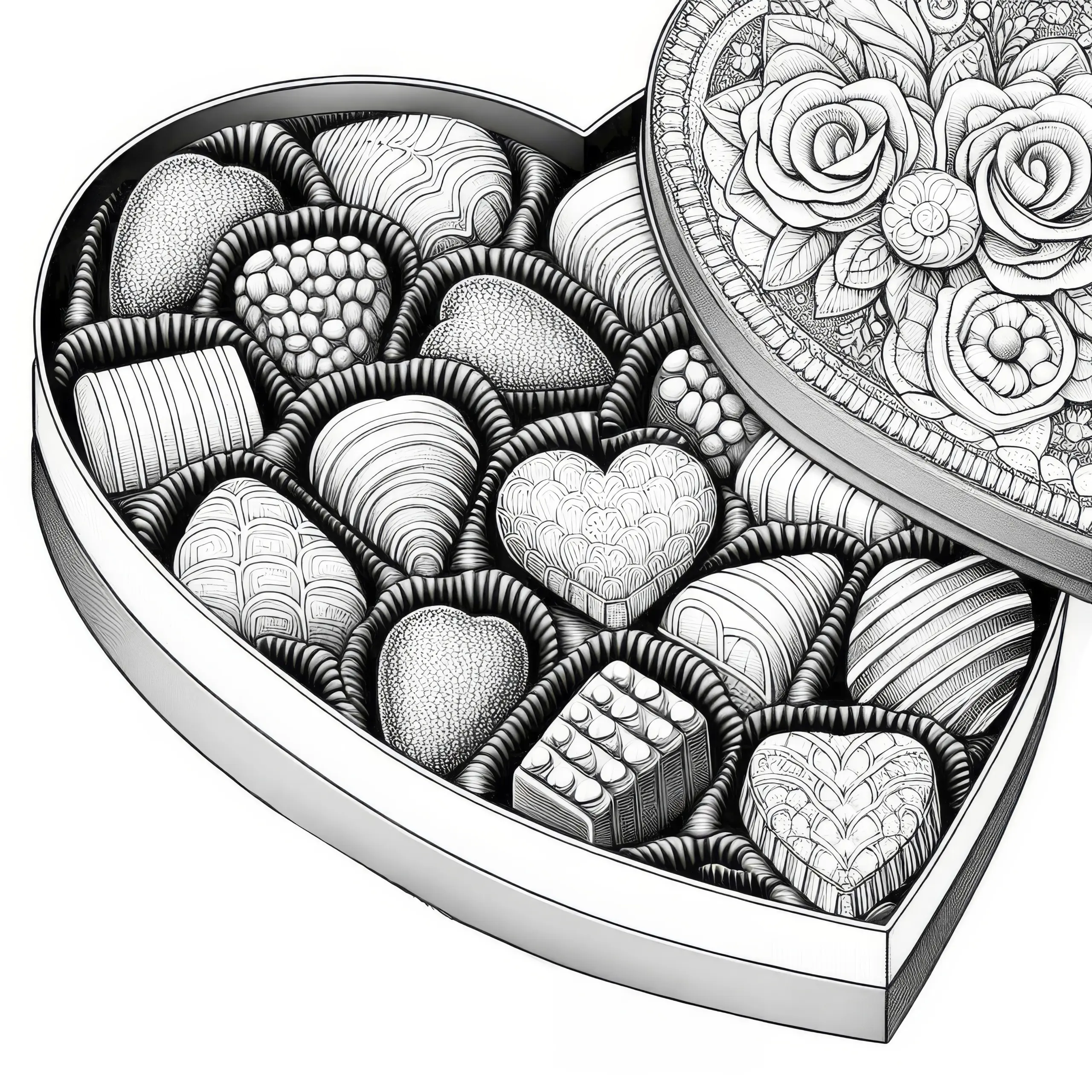Detailreiche Pralinen in Herzkiste: Ausmalbild zum Valentinstag (Gratis)