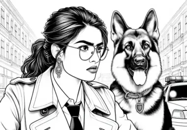 Detektivin bei der Arbeit mit Schäferhund – Ausmalbild in Detailreich und Kostenlos