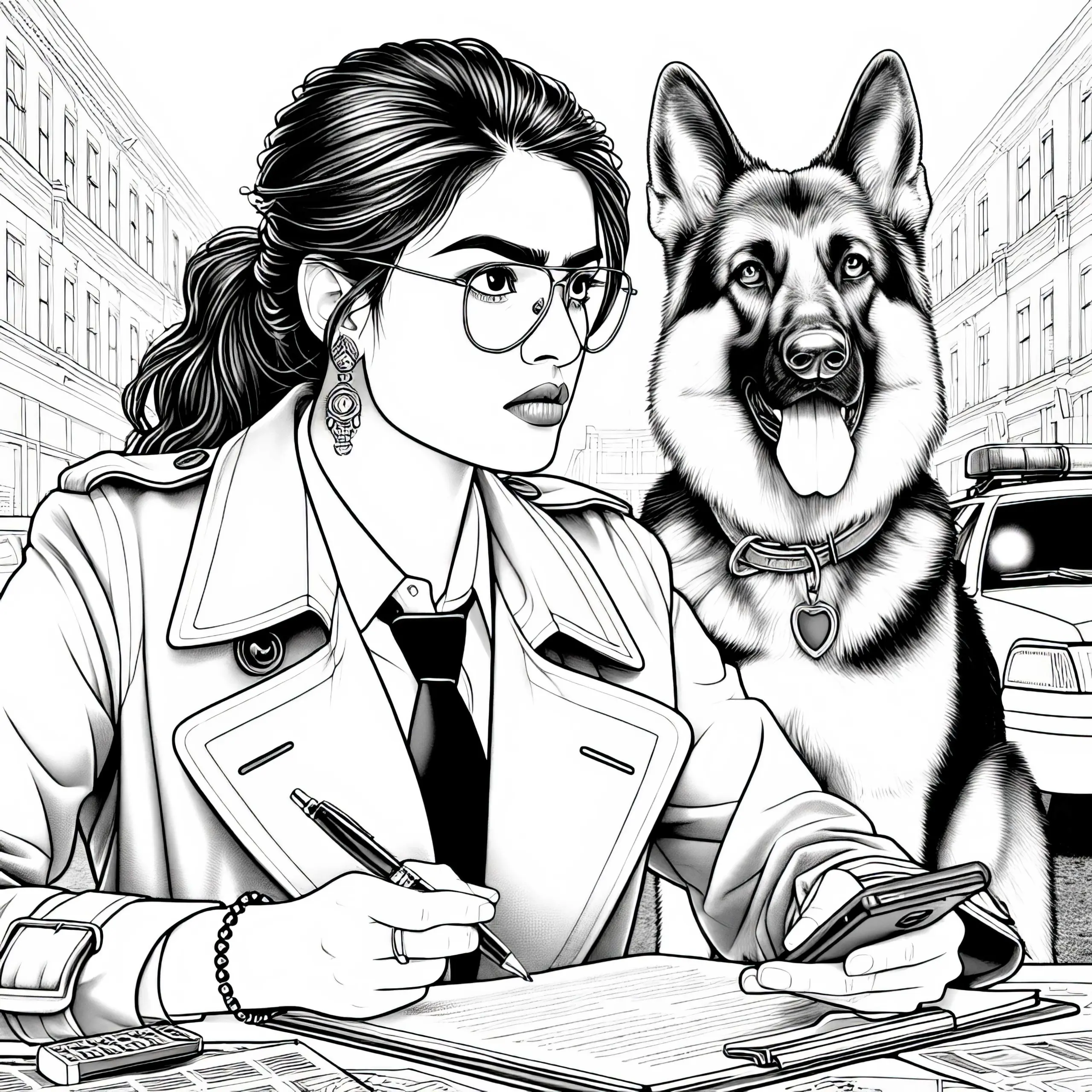 Detektivin bei der Arbeit mit Schäferhund – Ausmalbild in Detailreich und Kostenlos