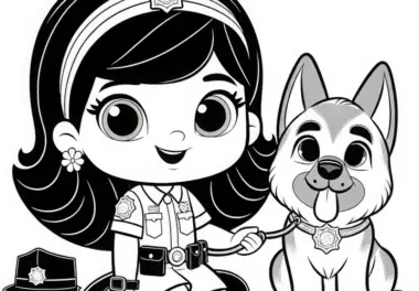Detektivin bei der Arbeit mit Schäferhund – Ausmalbild einfach und gratis