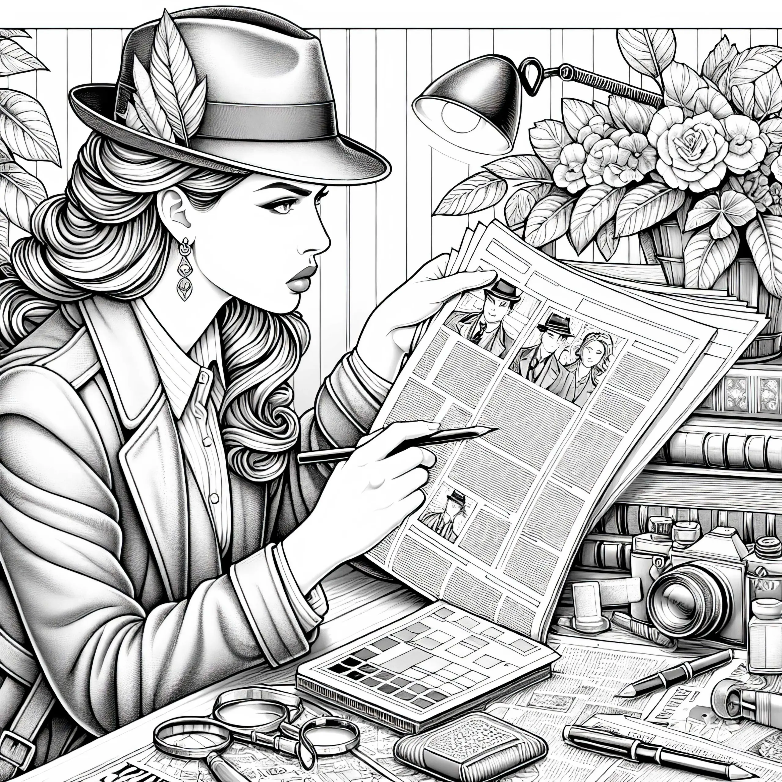 Detektivin mit Zeitung – Malvorlage Detailreich Kostenlos (Ausmalbild)