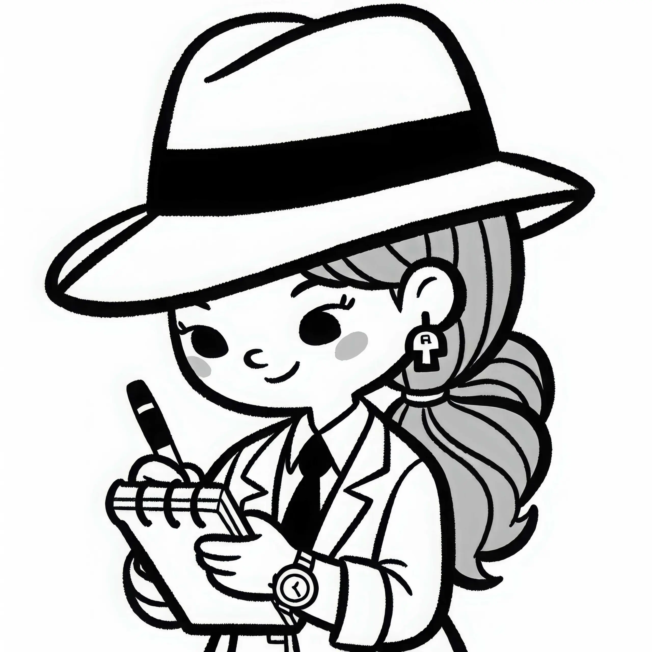 Detektivin notiert Hinweise im Notizbuch – Ausmalbild einfach und kostenlos