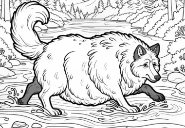 Dicker Wolf stolpert in Fluss – Malvorlage zum Märchen „Der Wolf und die sieben Geißlein“ kostenlos