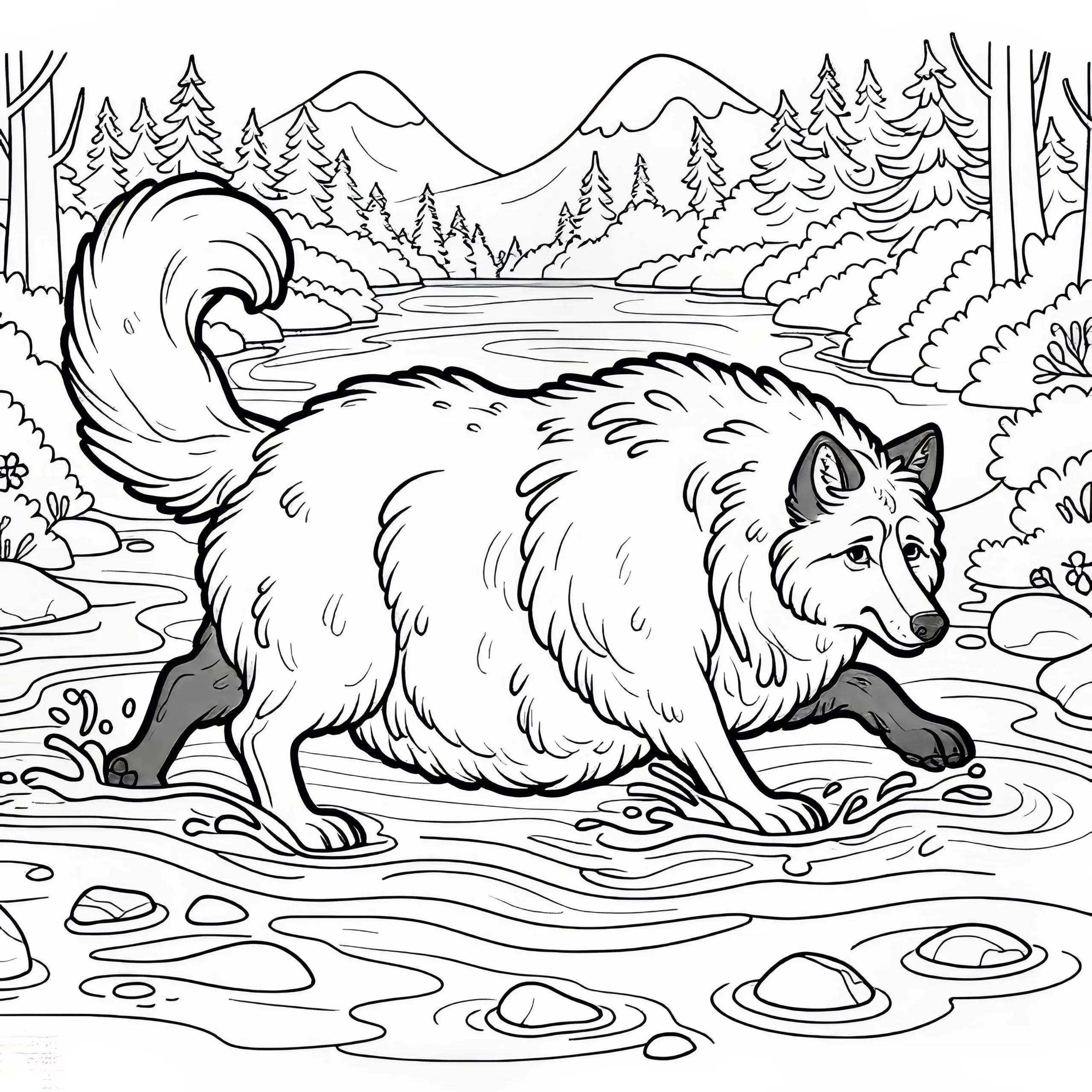 Dicker Wolf stolpert in Fluss – Malvorlage zum Märchen „Der Wolf und die sieben Geißlein“ kostenlos (Ausmalbild)