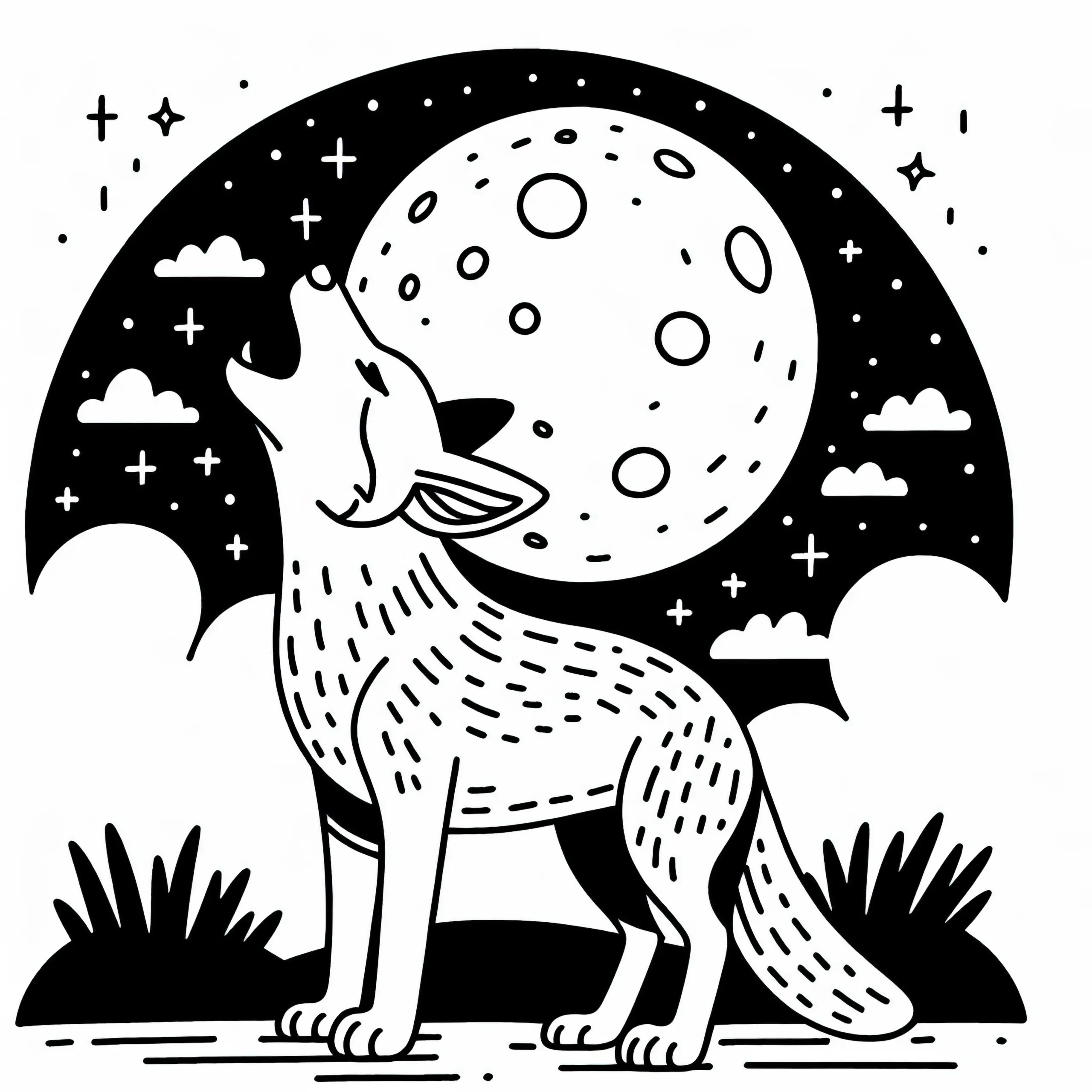 Dingo heult unter dem Mond – Ausmalbild gratis