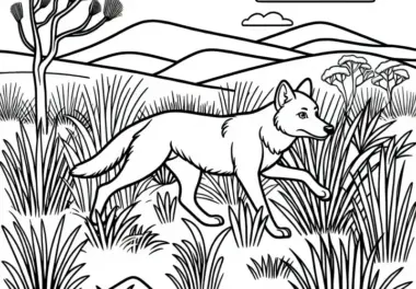 Dingo jagt durch das hohe Gras der australischen Savanne – Malvorlage gratis
