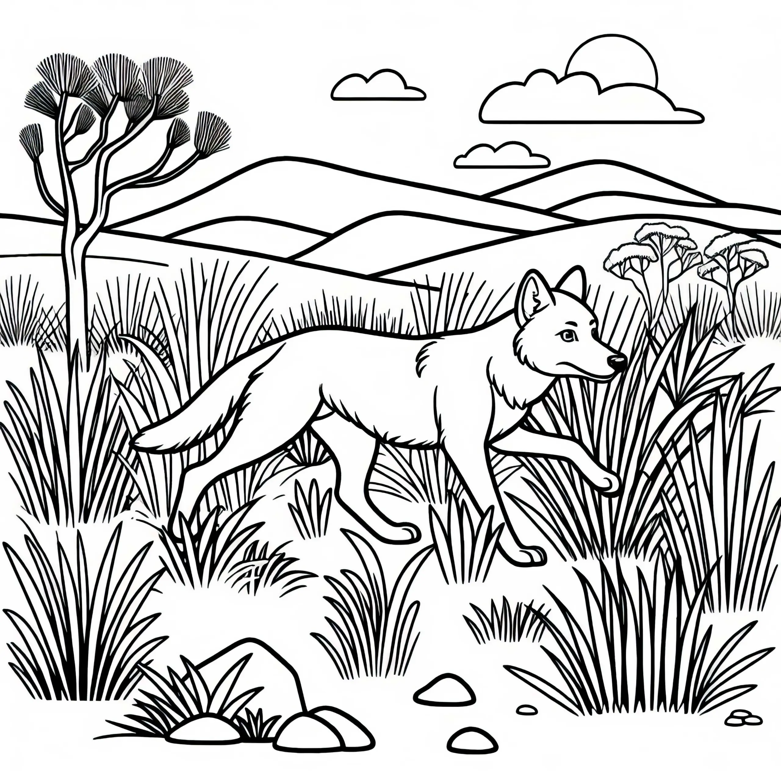 Dingo jagt durch das hohe Gras der australischen Savanne – Malvorlage gratis (Ausmalbild)