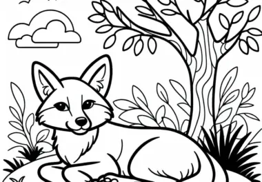 Dingo ruht sich im Schatten eines Baumes aus – Malvorlage einfach kostenlos