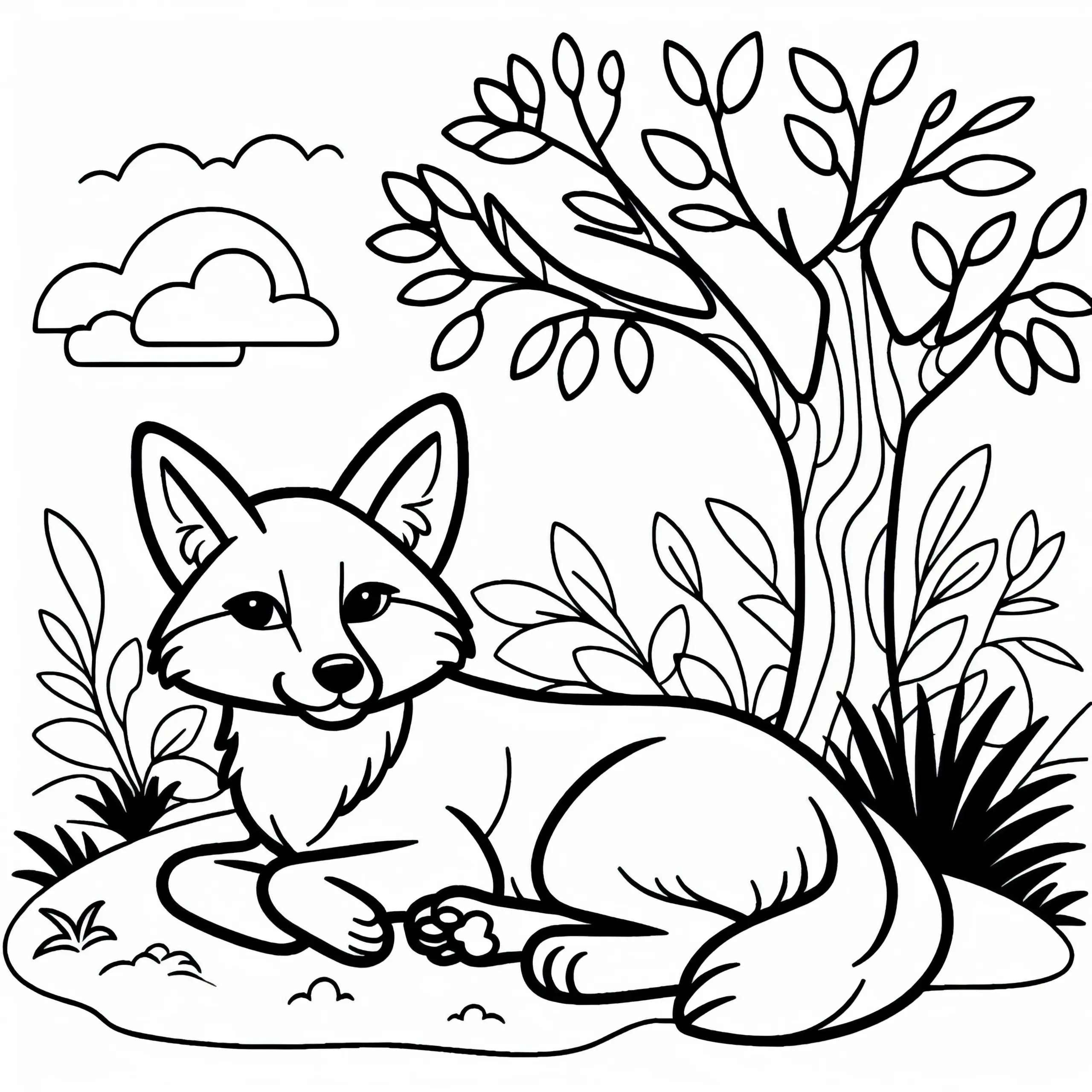 Dingo ruht sich im Schatten eines Baumes aus – Malvorlage einfach kostenlos (Ausmalbild)