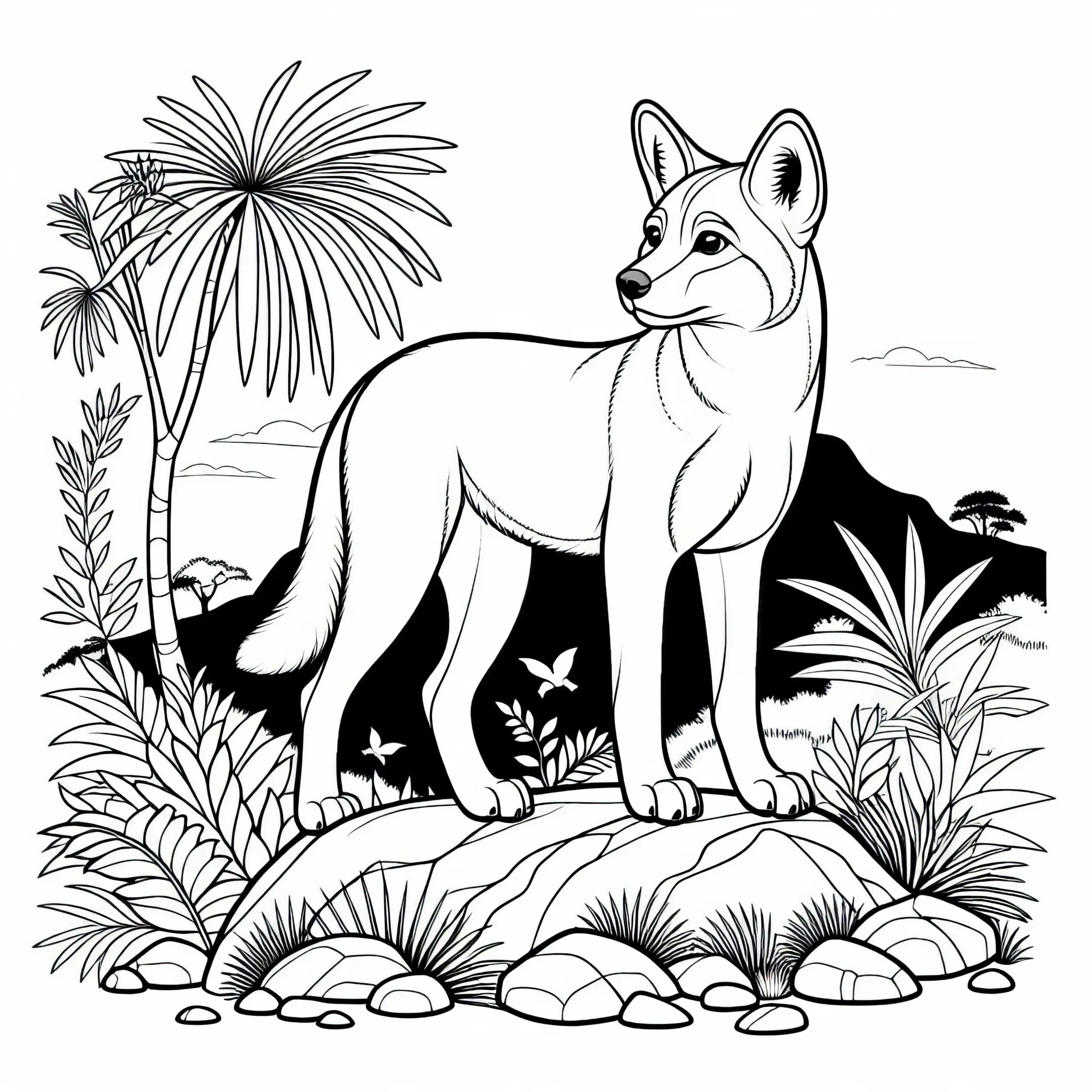 Dingo steht auf Felsen und blickt in die Ferne – Ausmalbild gratis