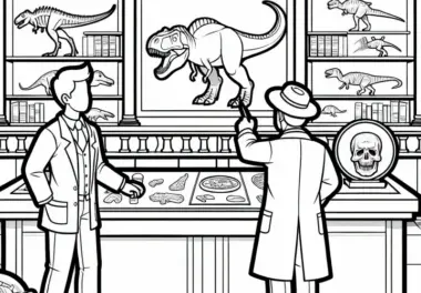 Dino-Forscher erklärt Ausstellung in einem Museum – Malvorlage kostenlos