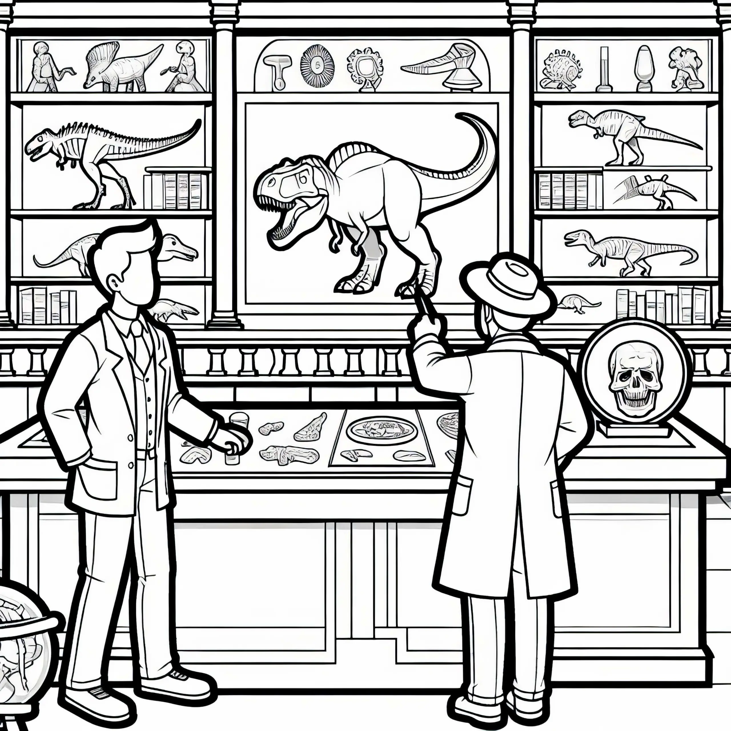 Dino-Forscher erklärt Ausstellung in einem Museum – Malvorlage kostenlos (Ausmalbild)
