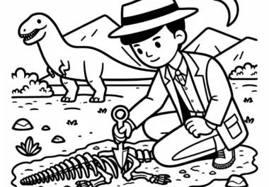 Dino-Forscher gräbt Dinosaurierknochen aus – Malvorlage Kostenlos